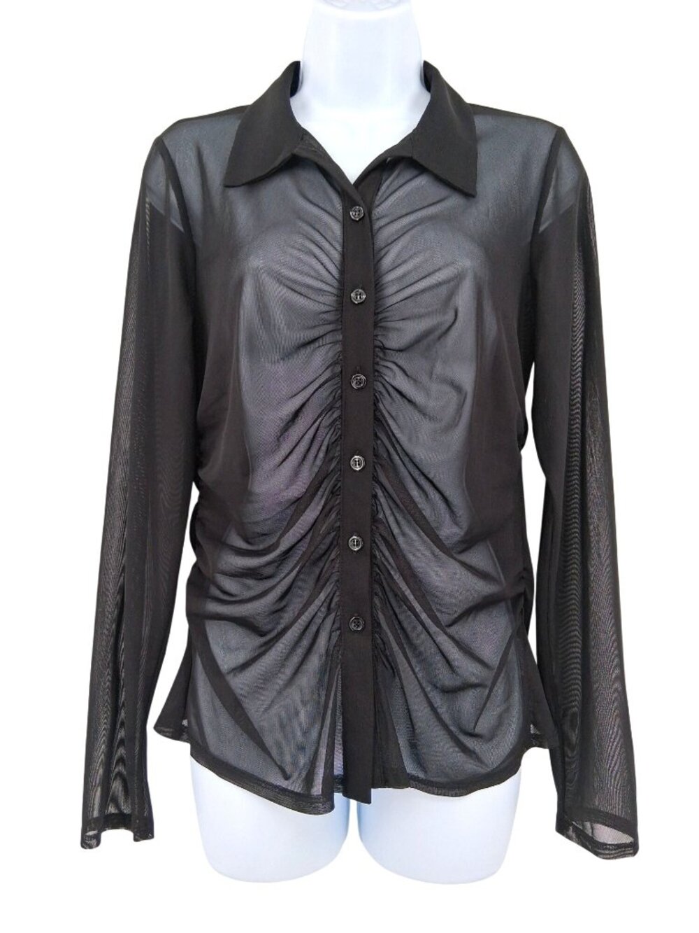 Vince Camuto Black Sheer Long Sleeve Button-Up Ruched Blouse Top Medium Mesh